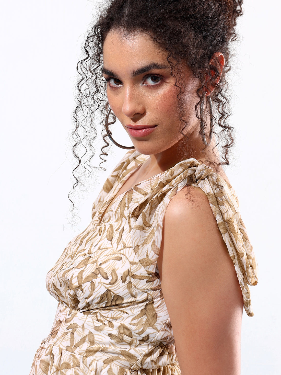 Classy Beige Printed Flared Dress