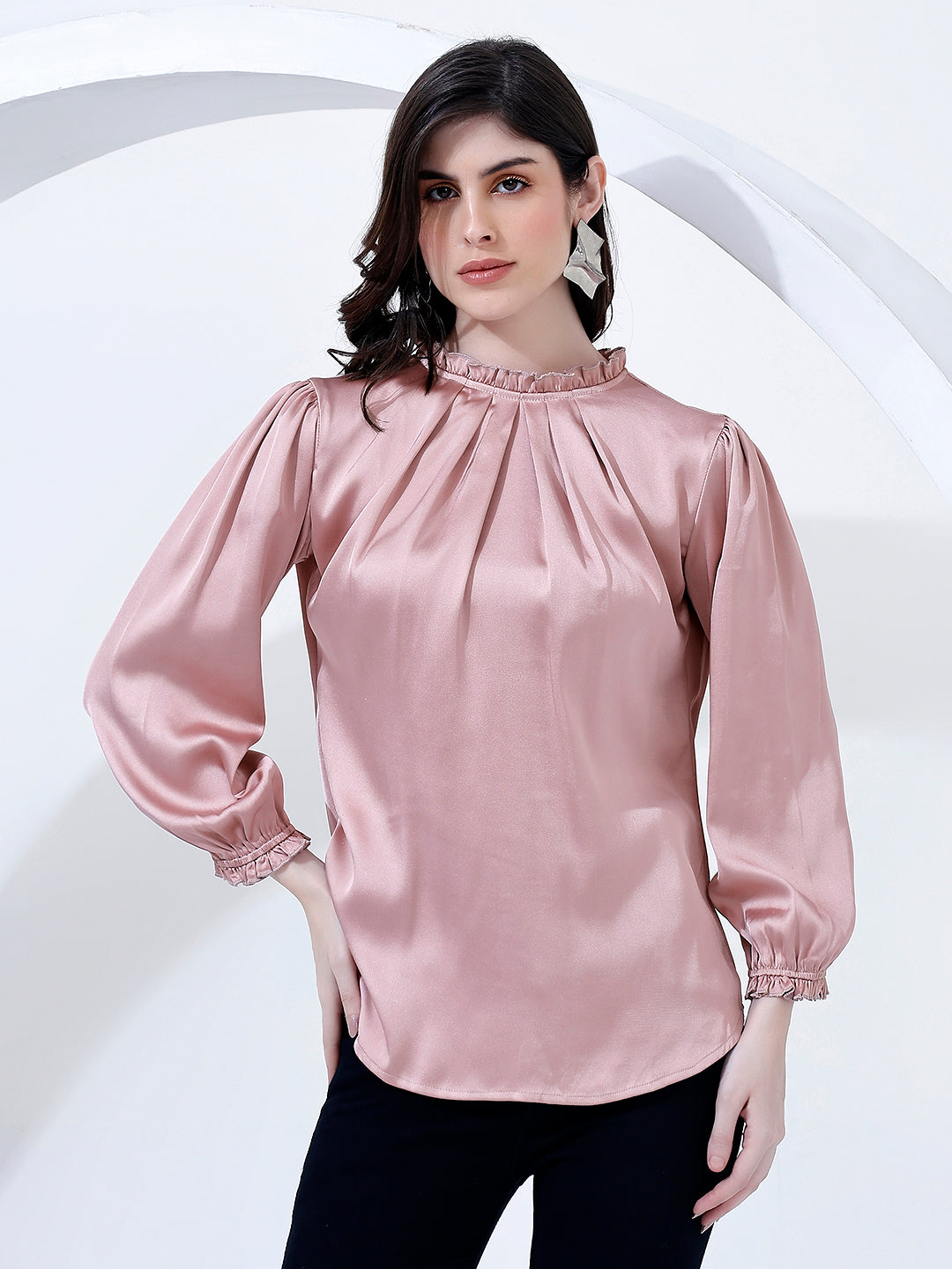 Stylish Pink Pleated Blouse Top