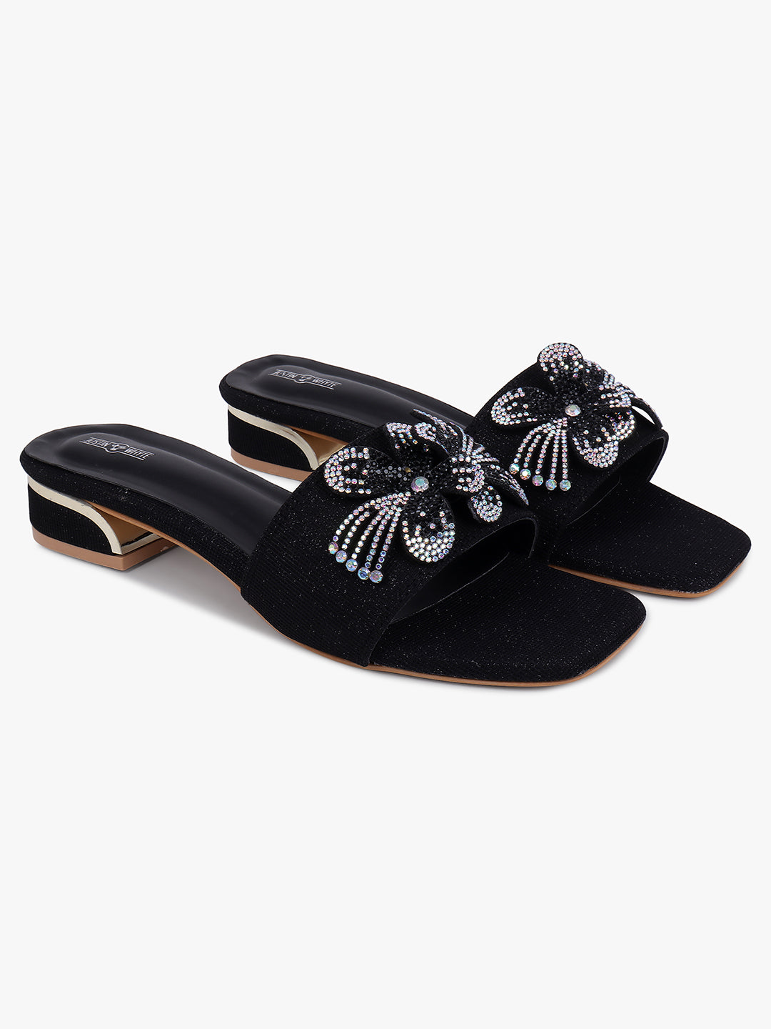 Embellished Black Low Heel Sandals