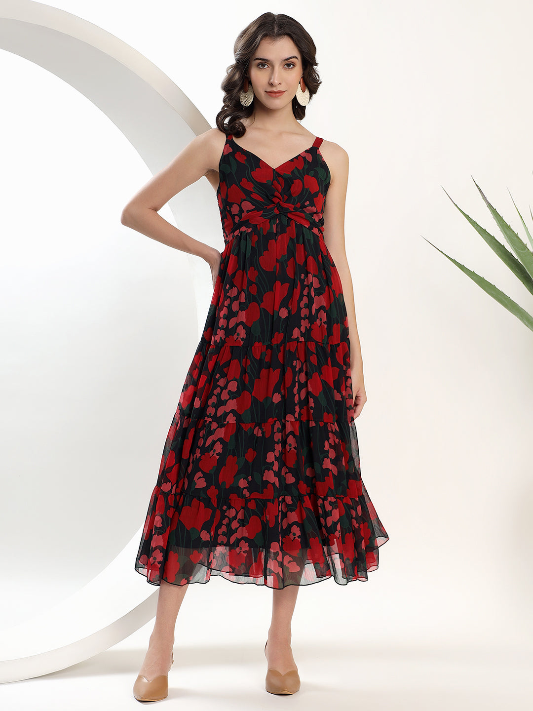 Printed Black and Red Midi Dress