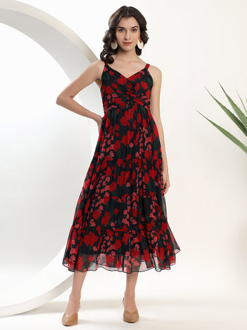 Printed Black and Red Midi Dress