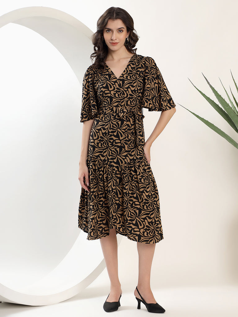 Printed Black and Brown Midi Dress
