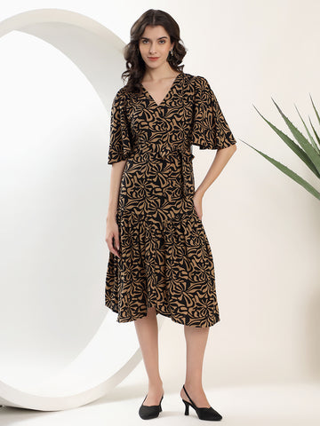 Printed Black and Brown Midi Dress