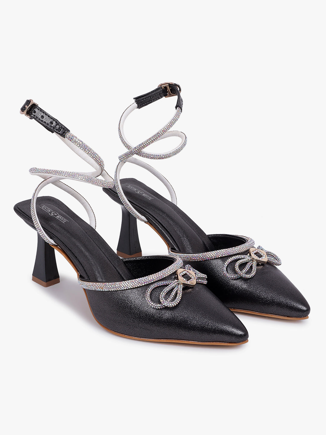 Embellished Black Strapped Mule Sandals