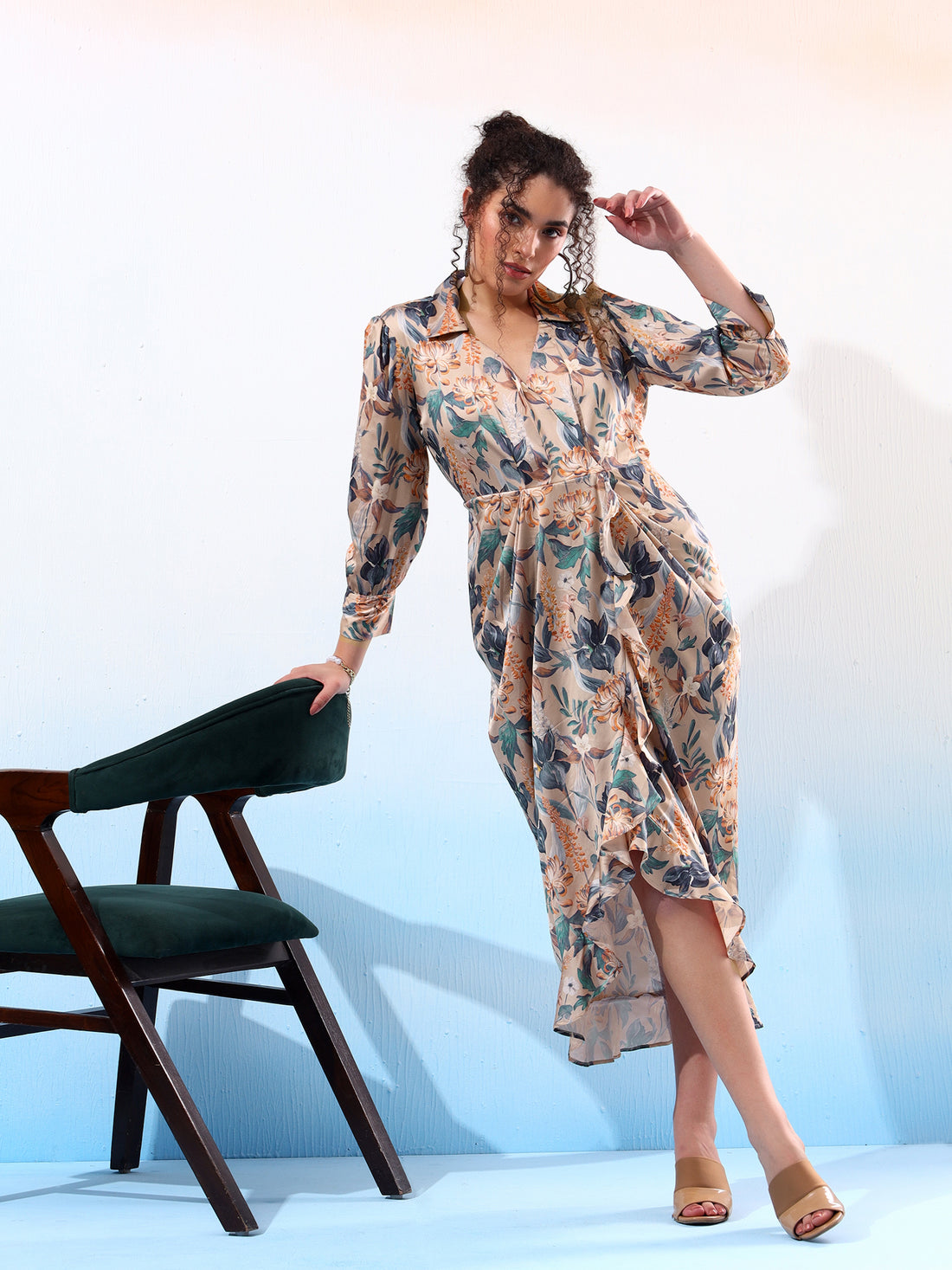 Classy Beige Printed Ruffled Dress