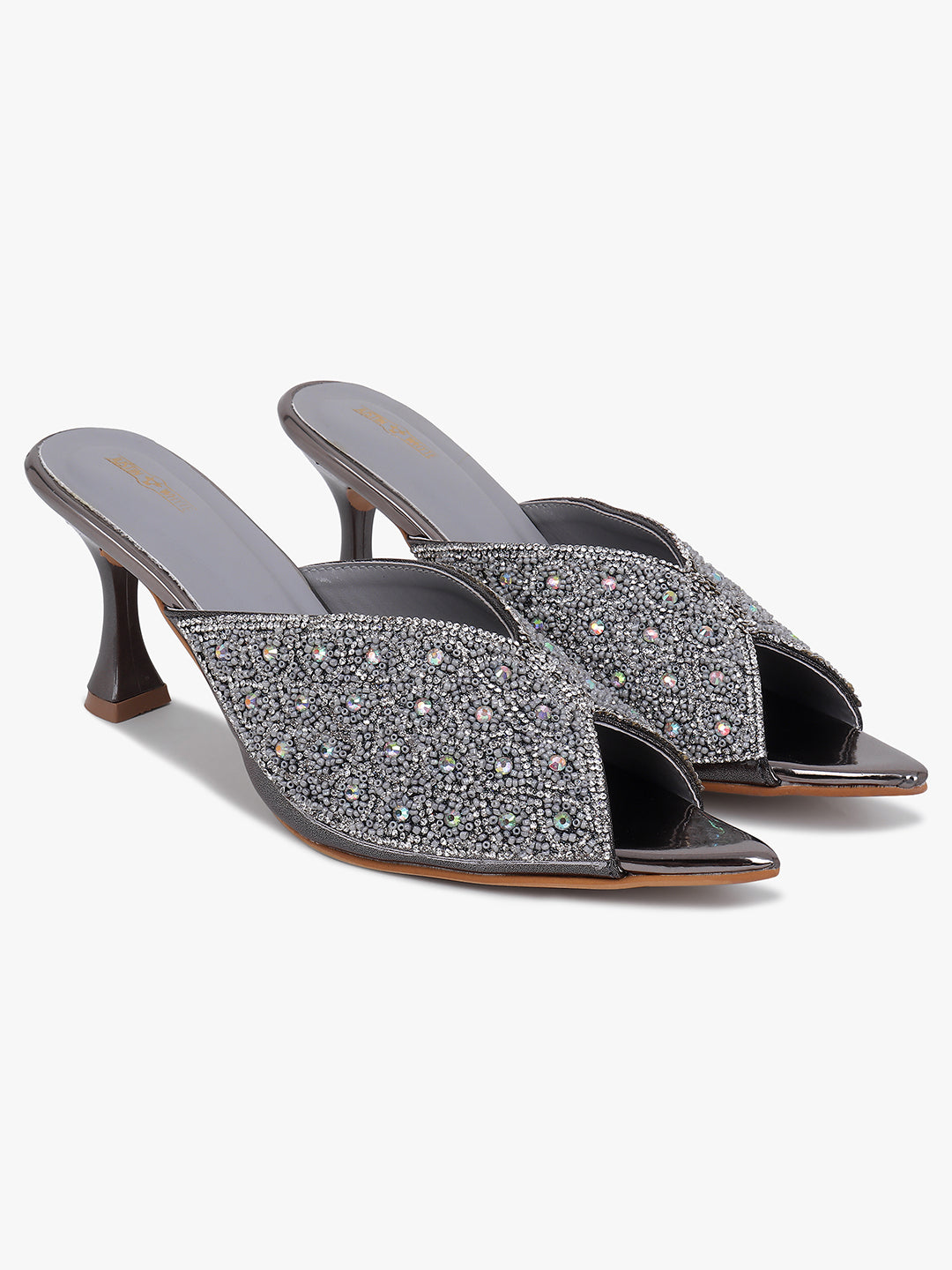 Embellished Silver Flare Heel Sandals