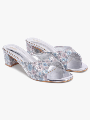 Fancy Floral Silver Block Heel Sandals