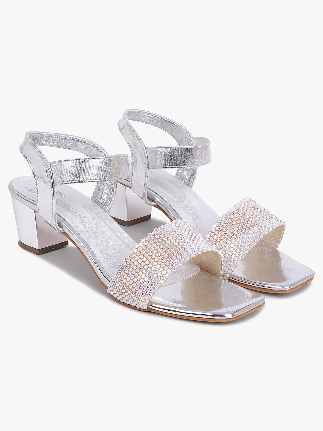 Embellished Silver Block Heel Sandals