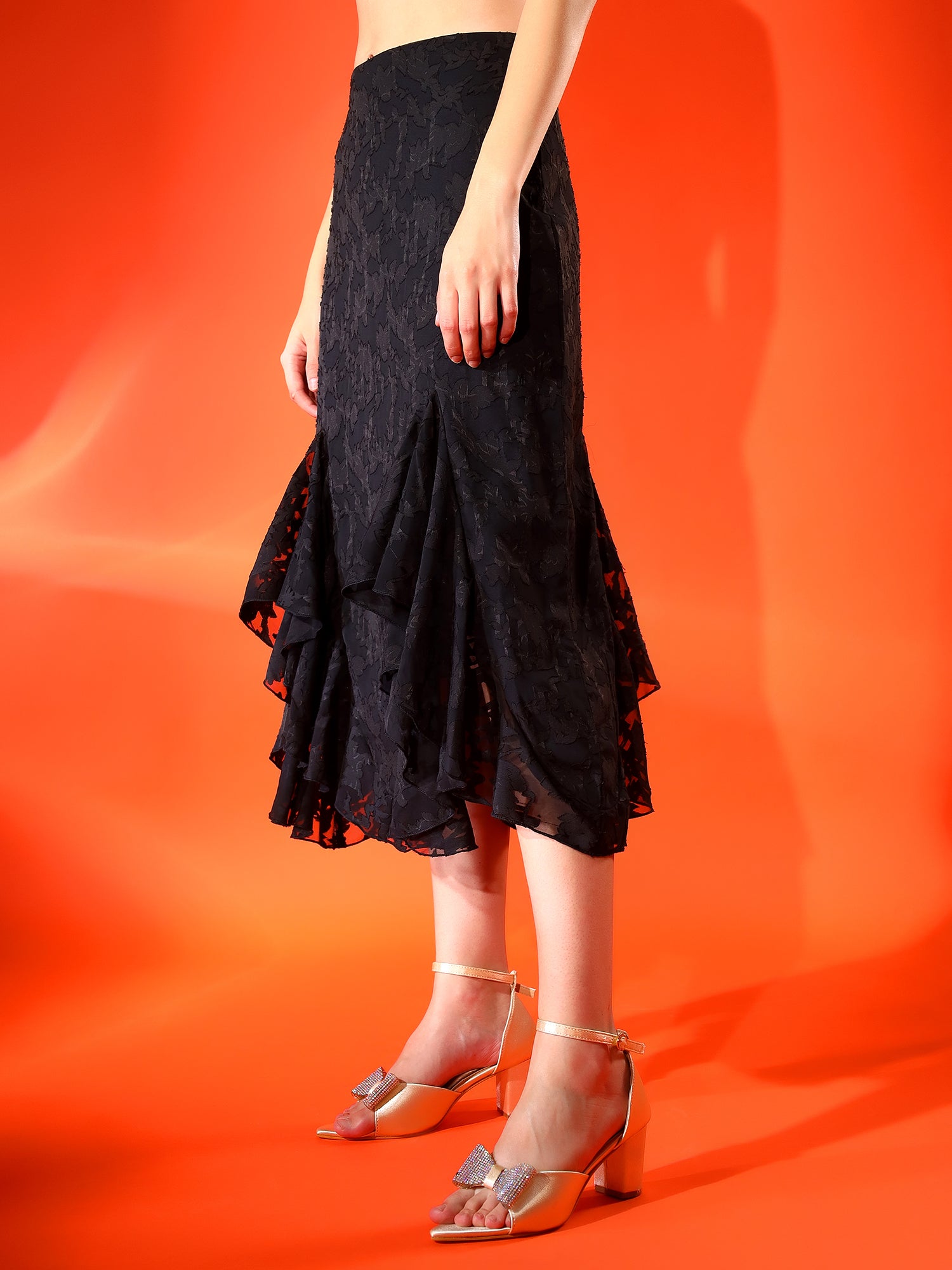 Printed Black Flared Midi Skirt