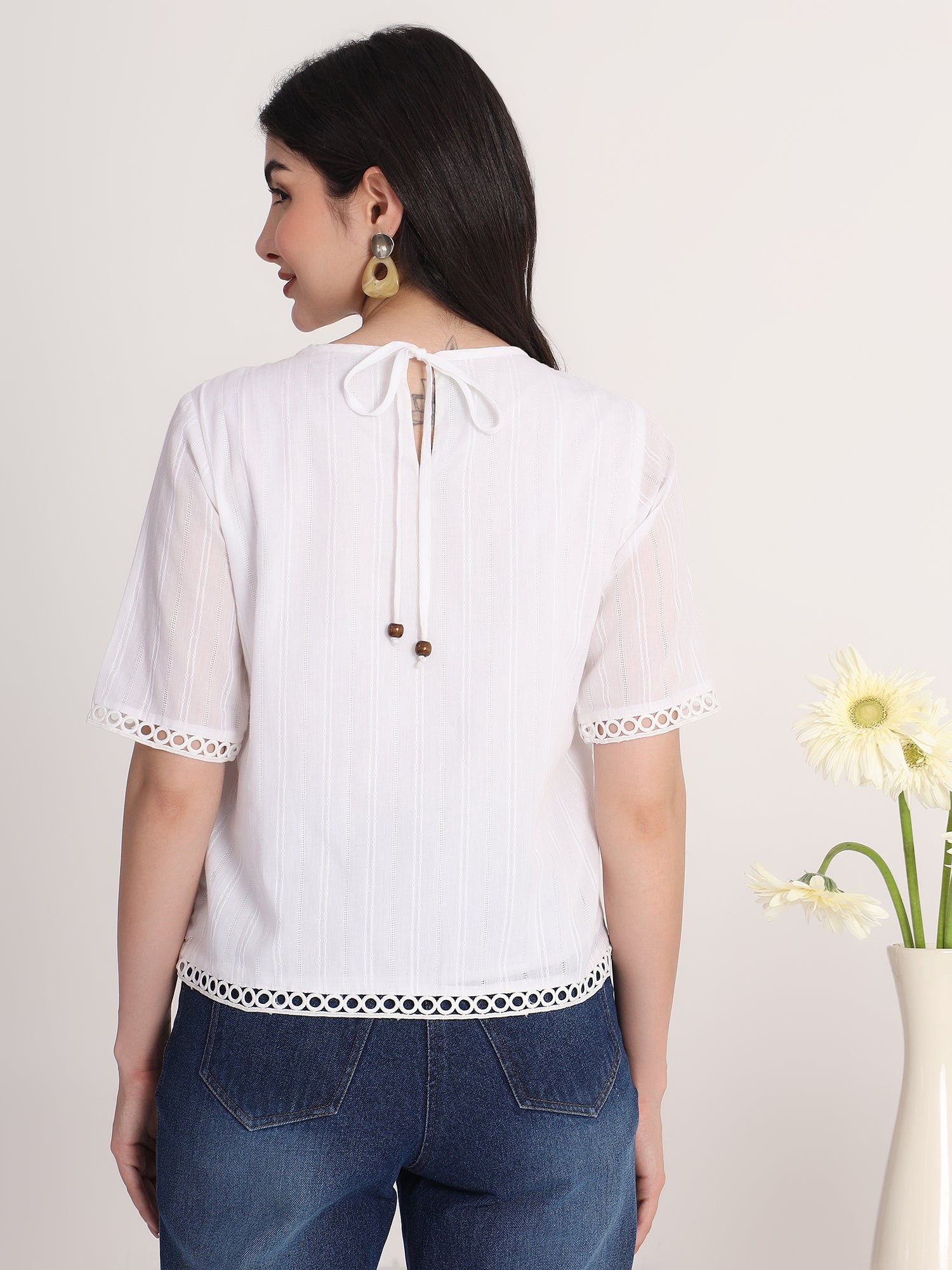 White Round neck Top with Lace