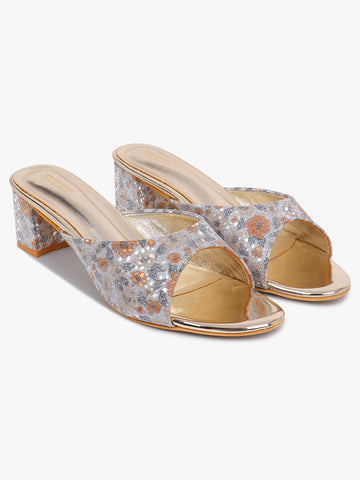 Stylish Gold Floral Block Heel Sandals