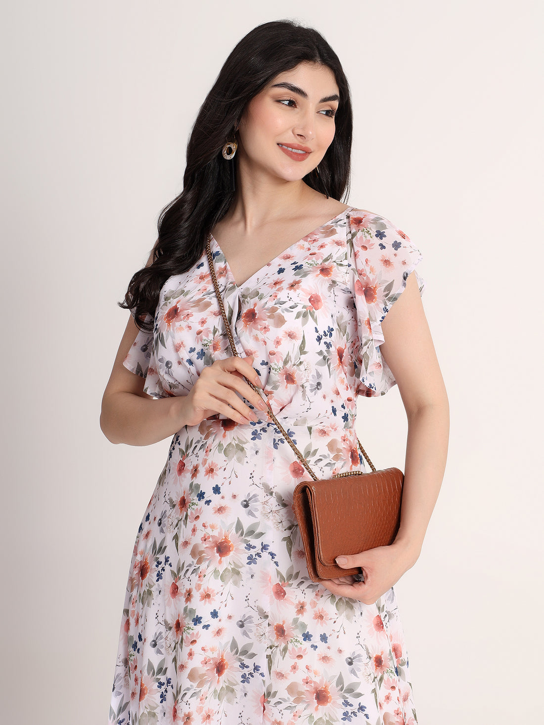 Classy White Floral Printed Flared Dress