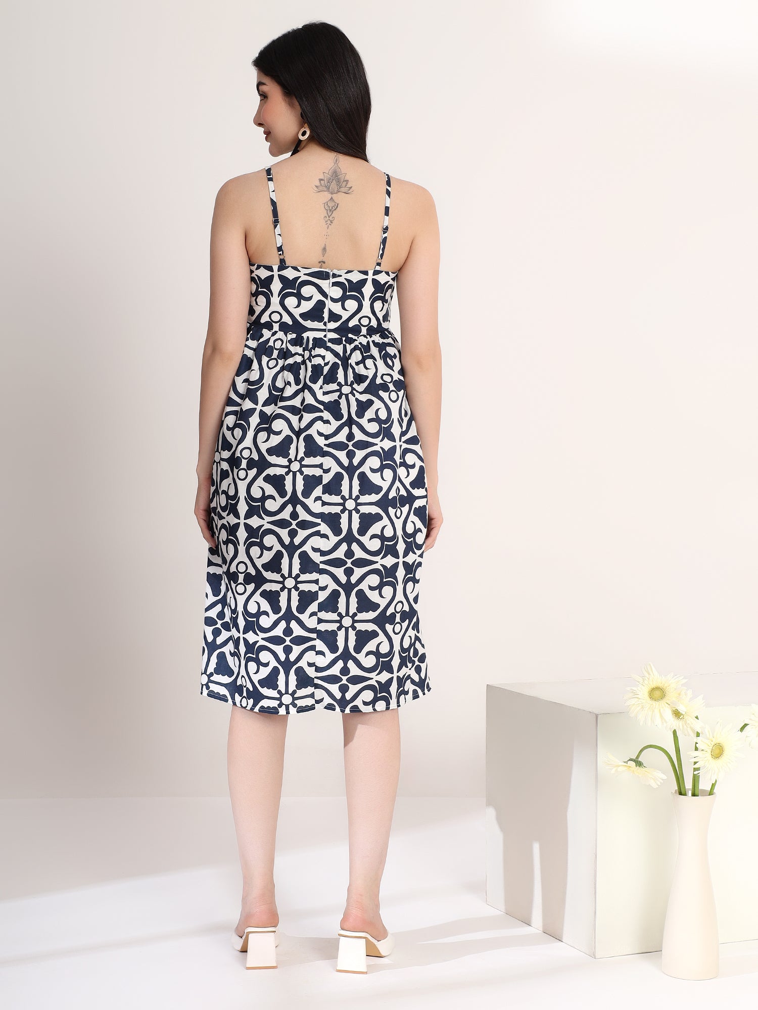 Stylish Blue and White Printed Flared Dress