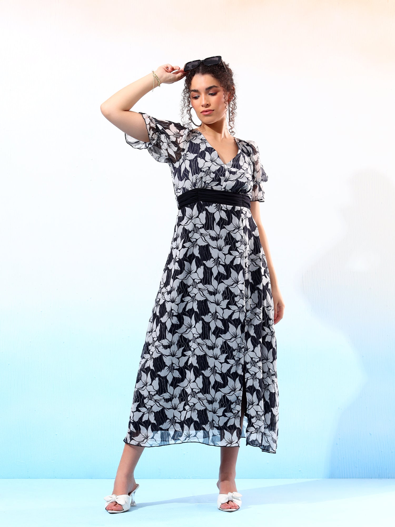 Stylish Black & White Floral Printed Flared Dress
