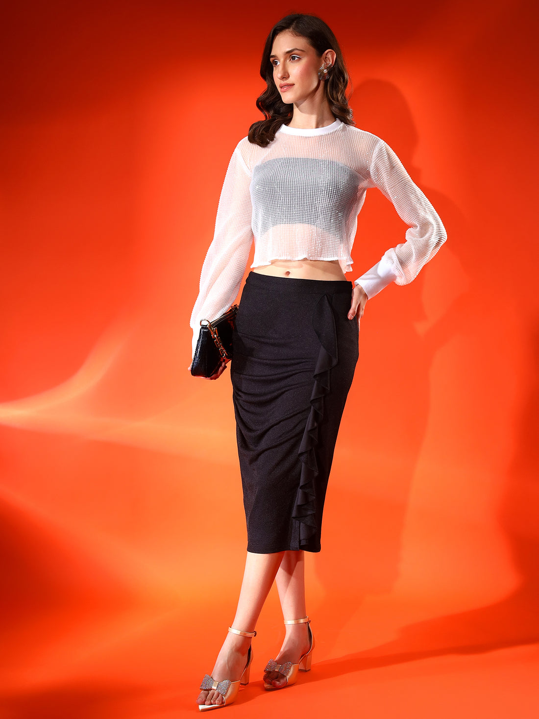 Embellished Black Ruffled Midi Skirt