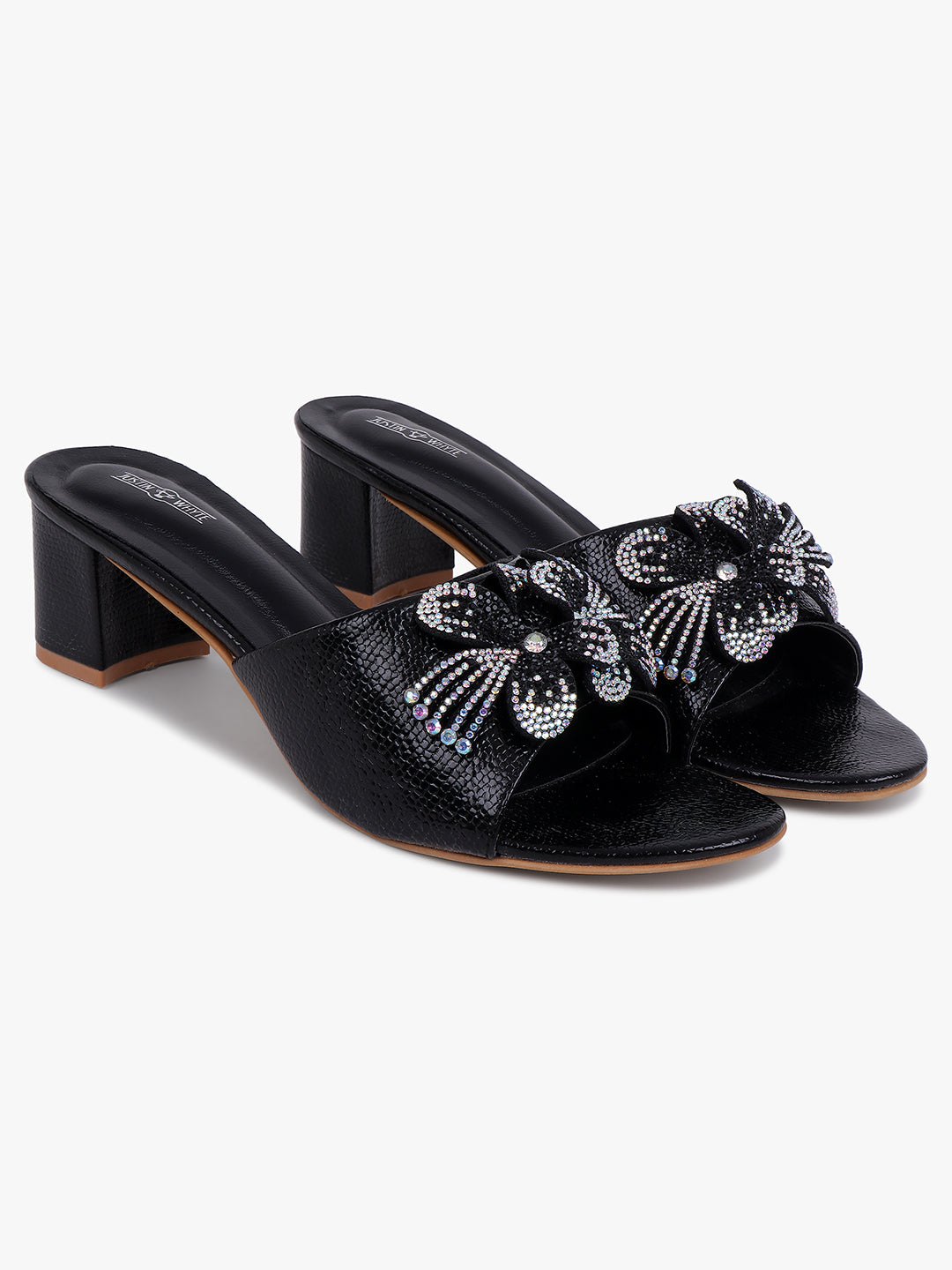 Embellished Black Low Heel Sandals