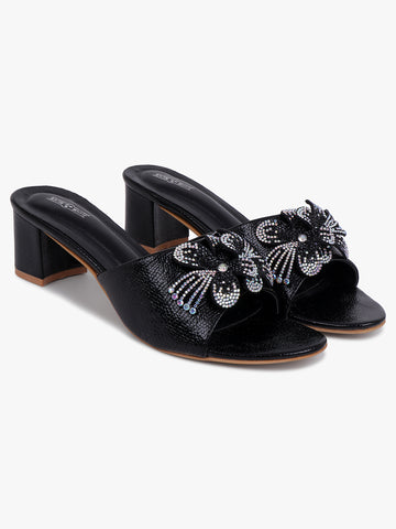 Embellished Black Low Heel Sandals