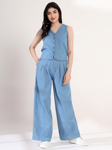 Classy Blue Embroidery Baggy Jeans
