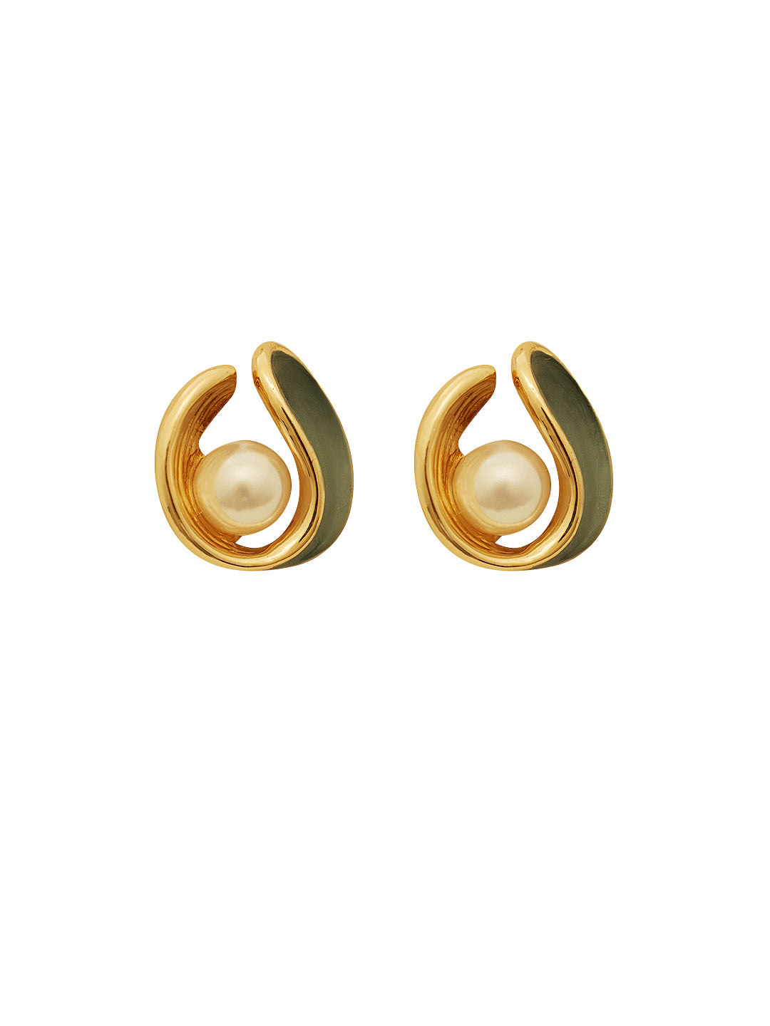 Women Green & Gold-Plated Pearls Oval Stainless Steel Stud Earrings