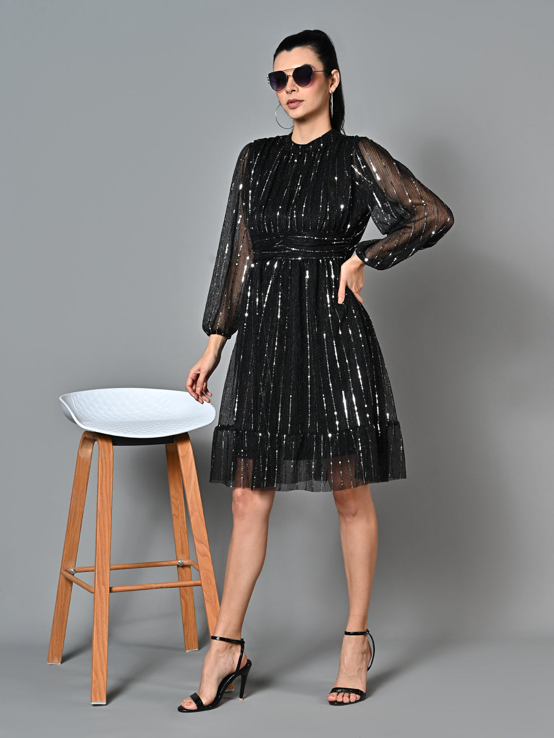 Classy Black Pleated Flared Dress