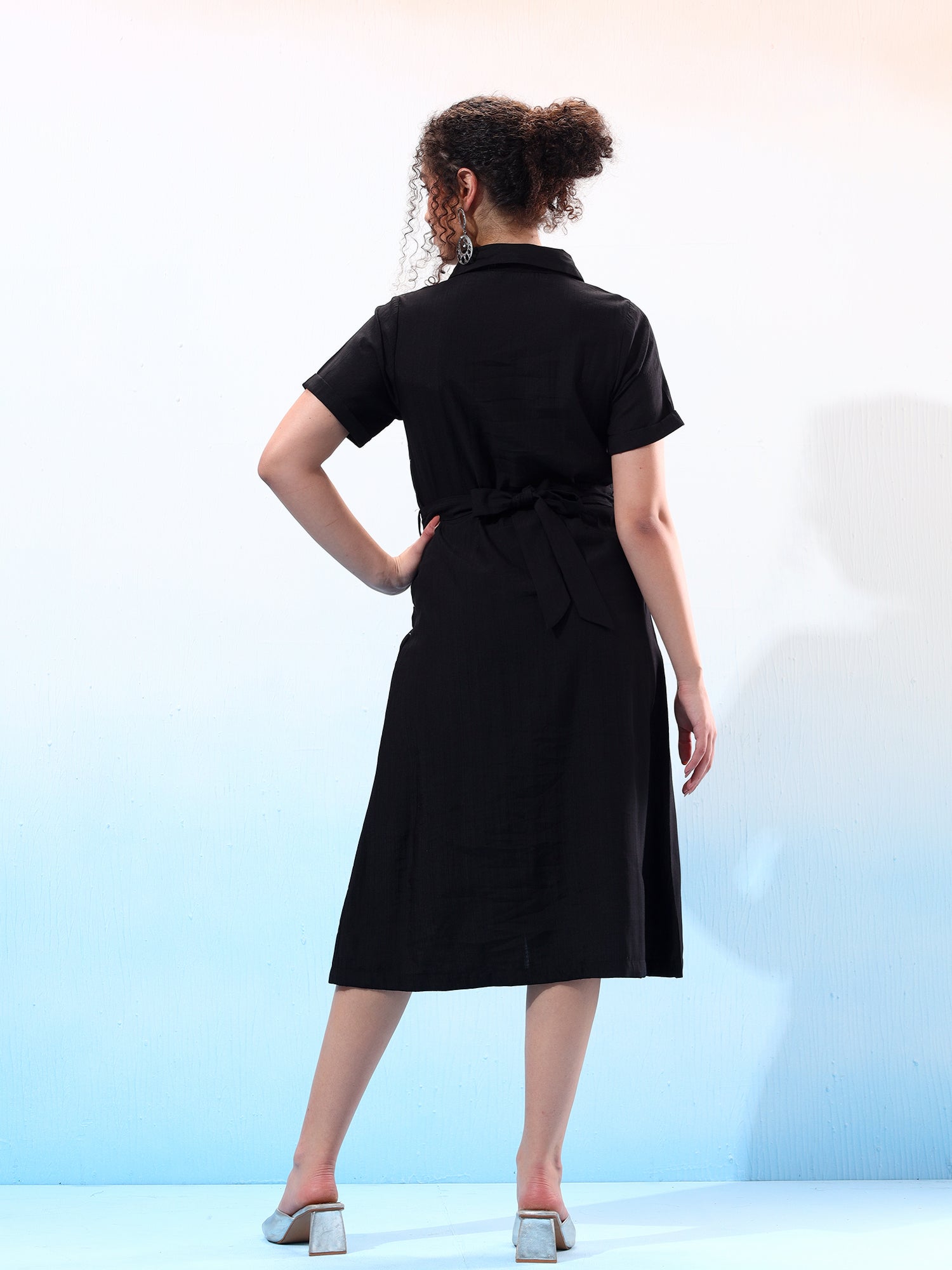 Embellished Black Flared Shirt Dress
