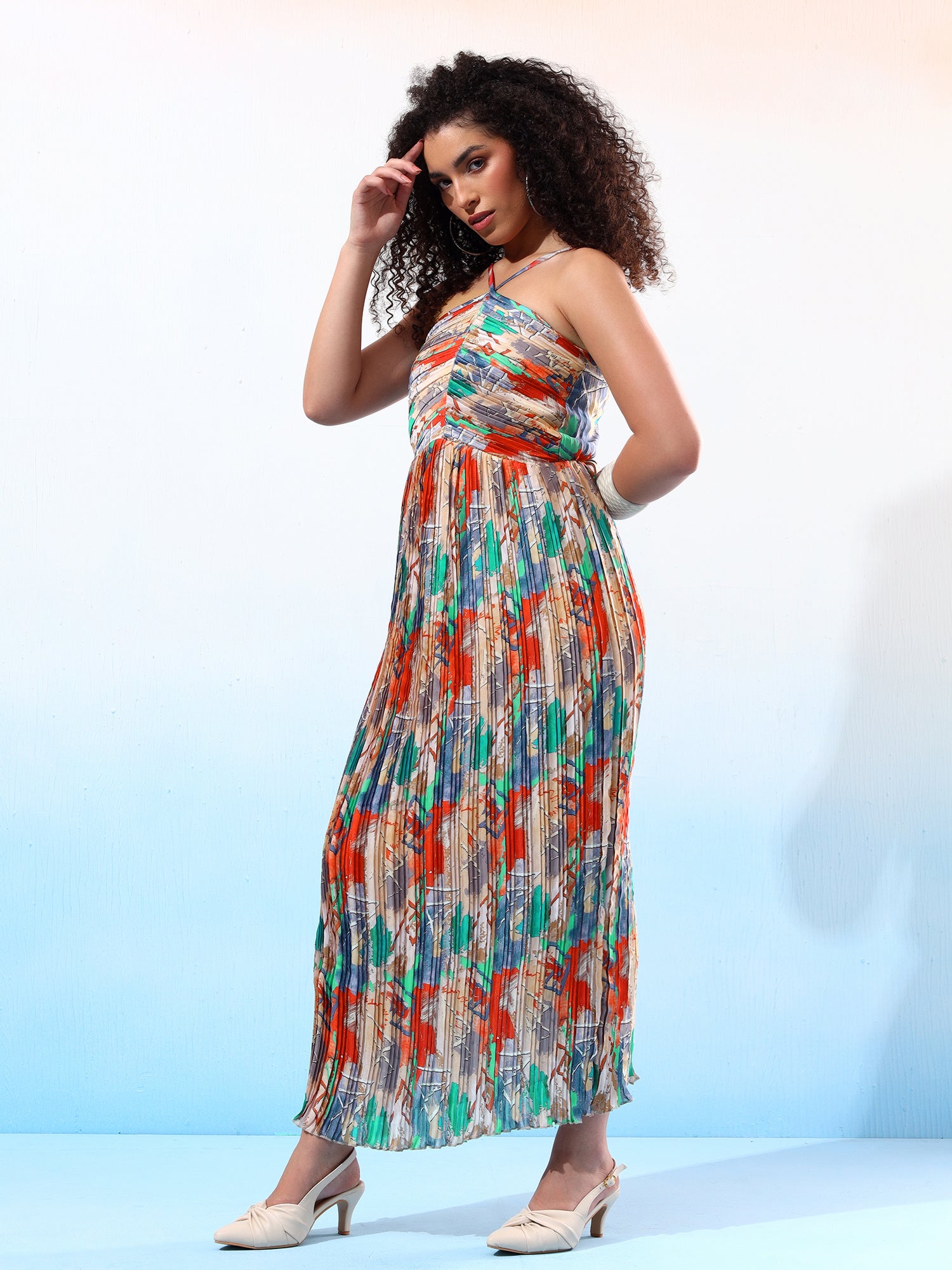 Stylish Printed Pleated Long Dress