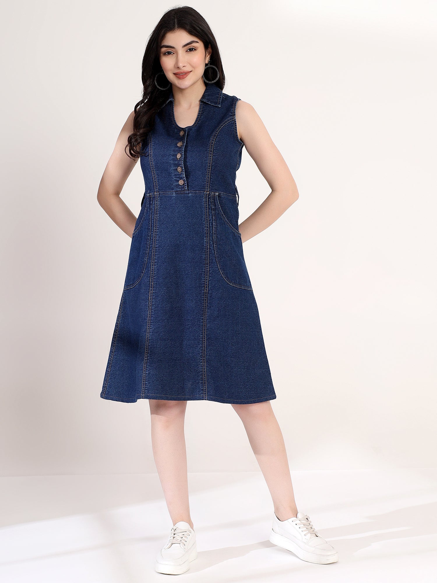 Stylish Denim Flared Midi Dress