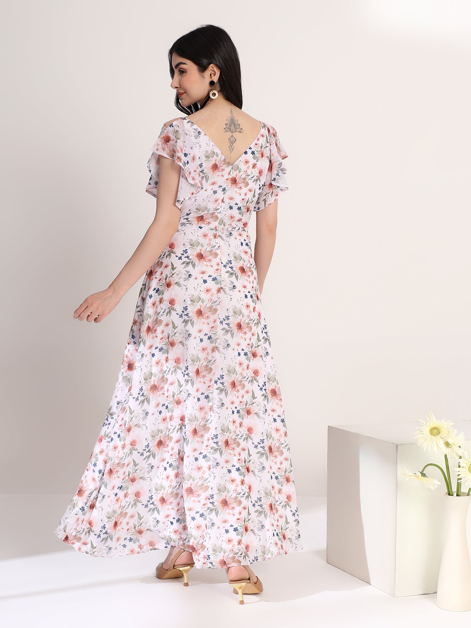 Classy White Floral Printed Flared Dress