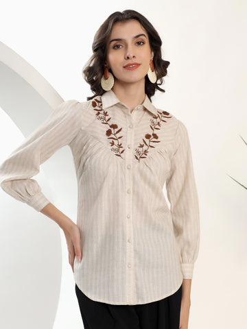 Embroidered White Striped Top