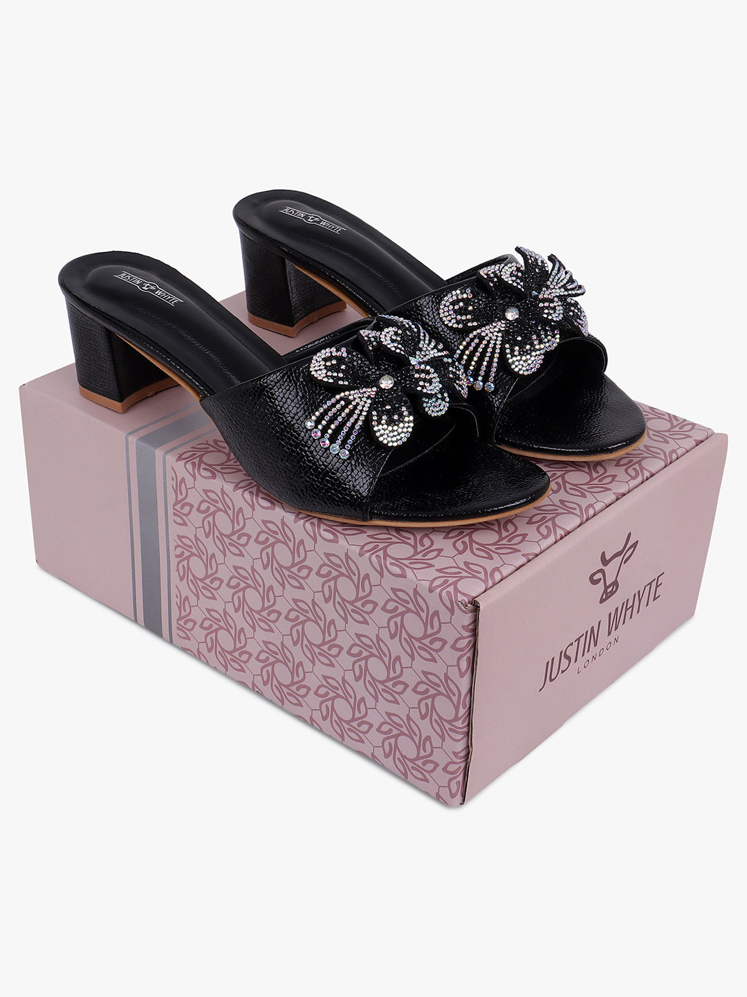 Embellished Black Low Heel Sandals