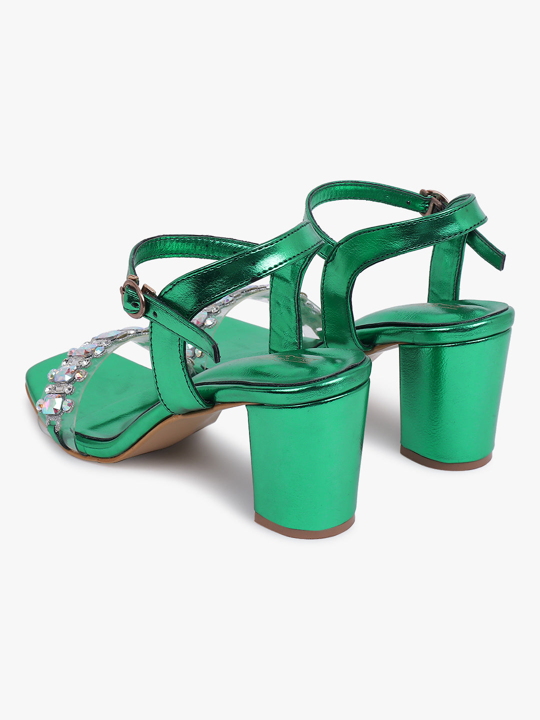 Embellished Green Block Heel Sandals