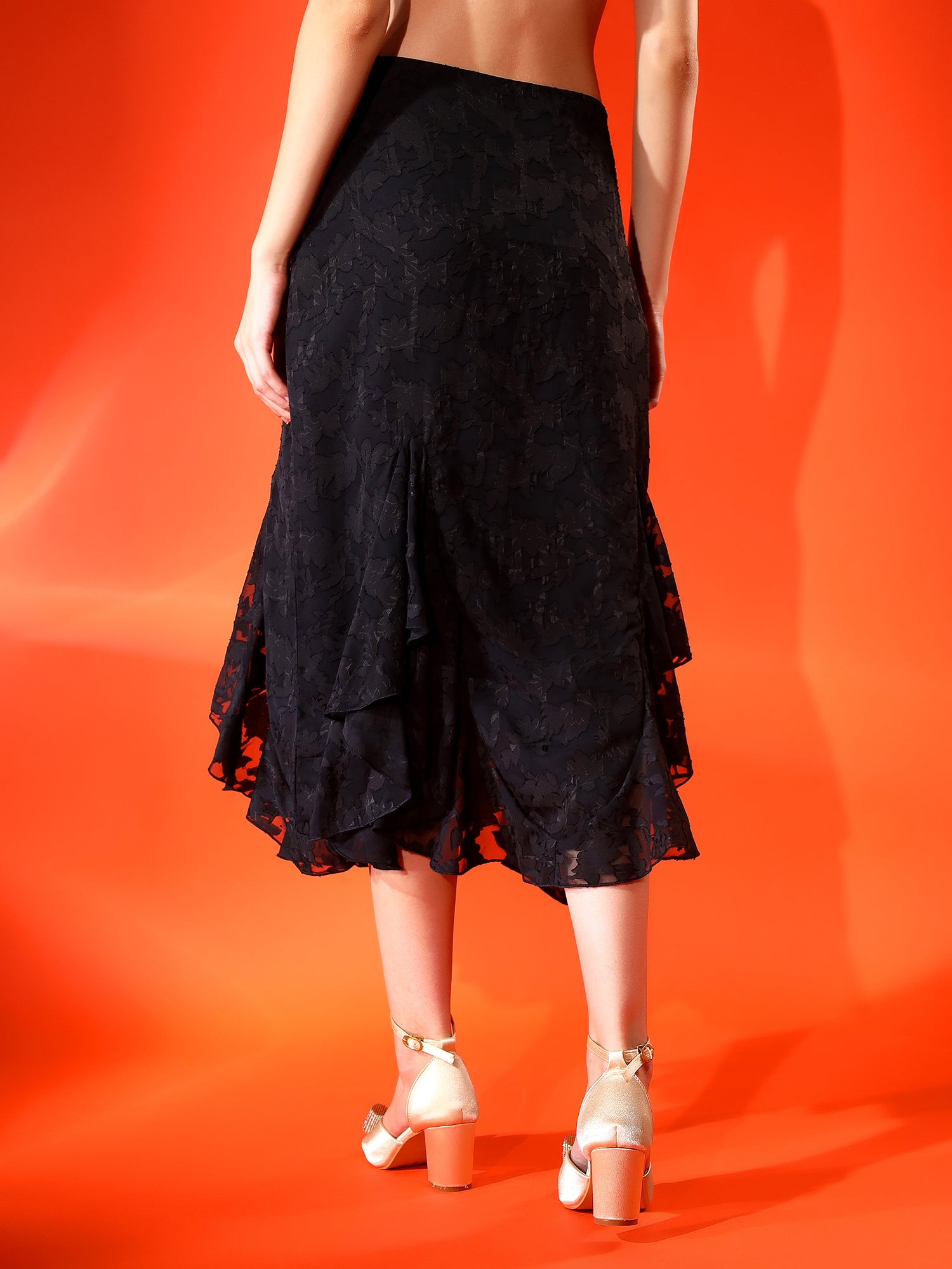 Printed Black Flared Midi Skirt