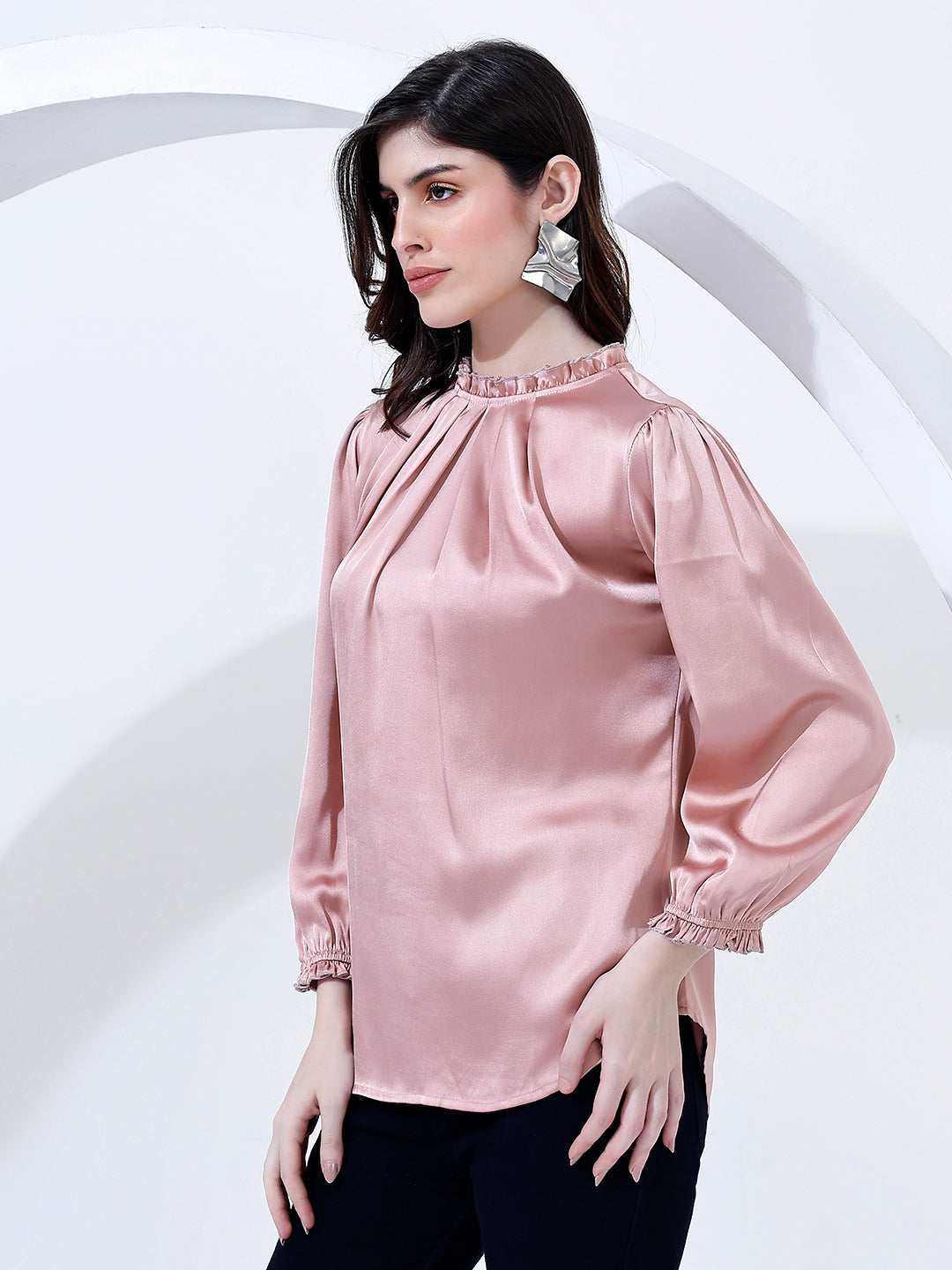 Stylish Pink Pleated Blouse Top