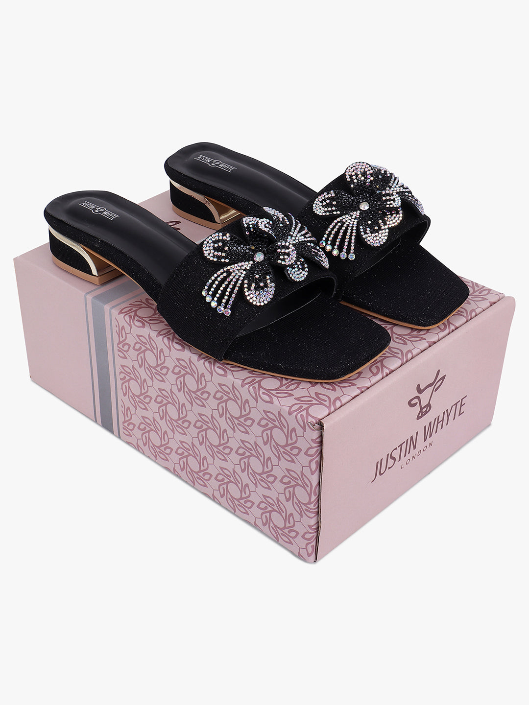 Embellished Black Low Heel Sandals