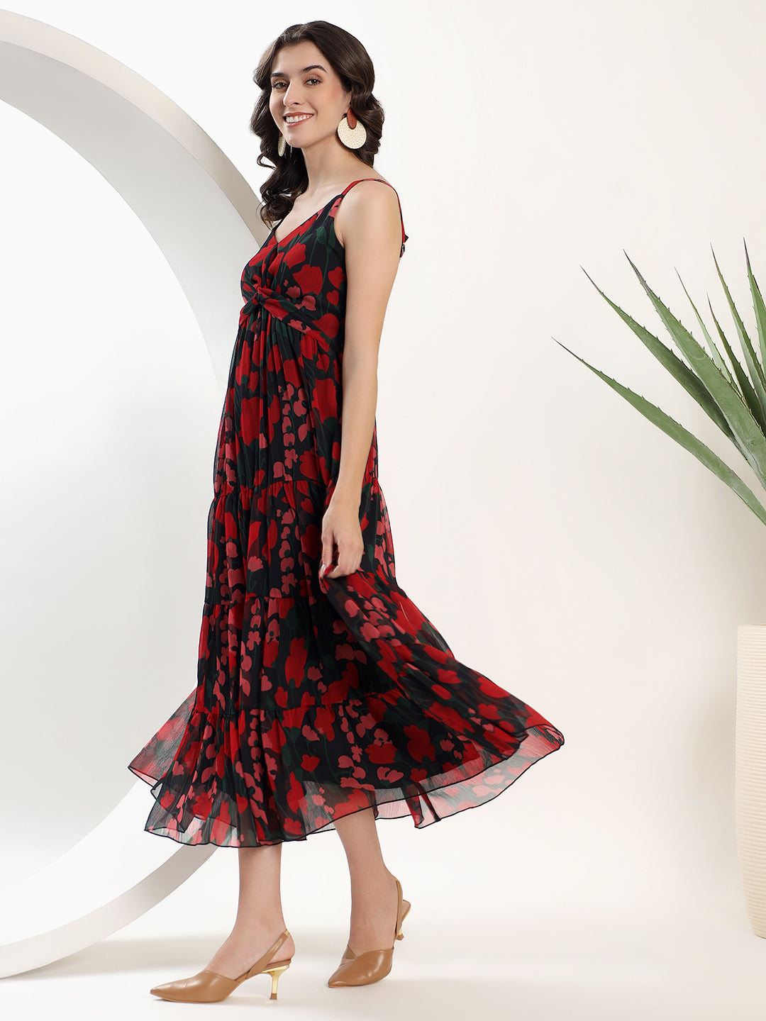 Printed Black and Red Midi Dress