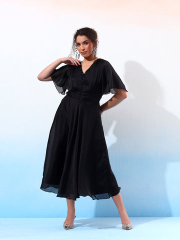 Classy Black Ruched Flared Dress