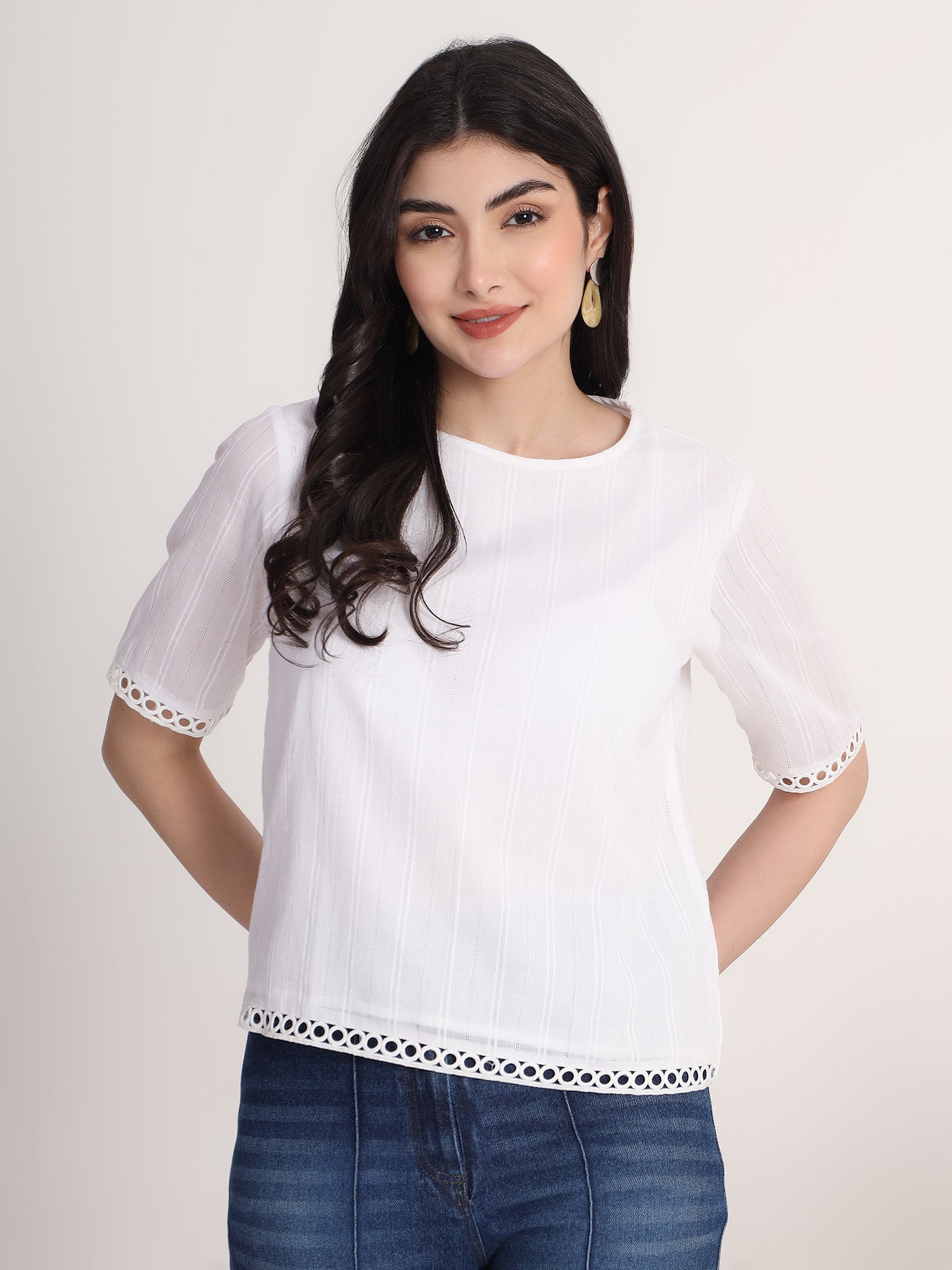 White Round neck Top with Lace