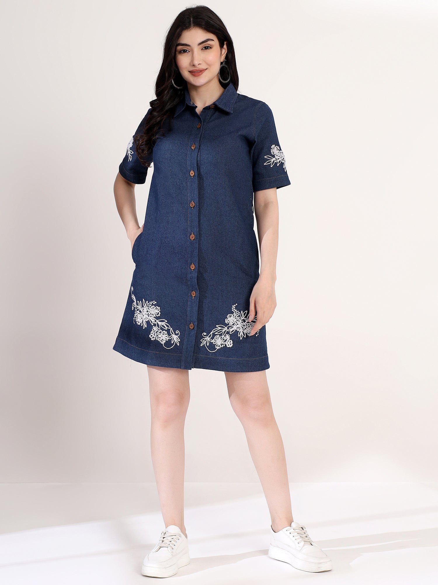 Fancy Blue Embroidered Denim Mini Dress