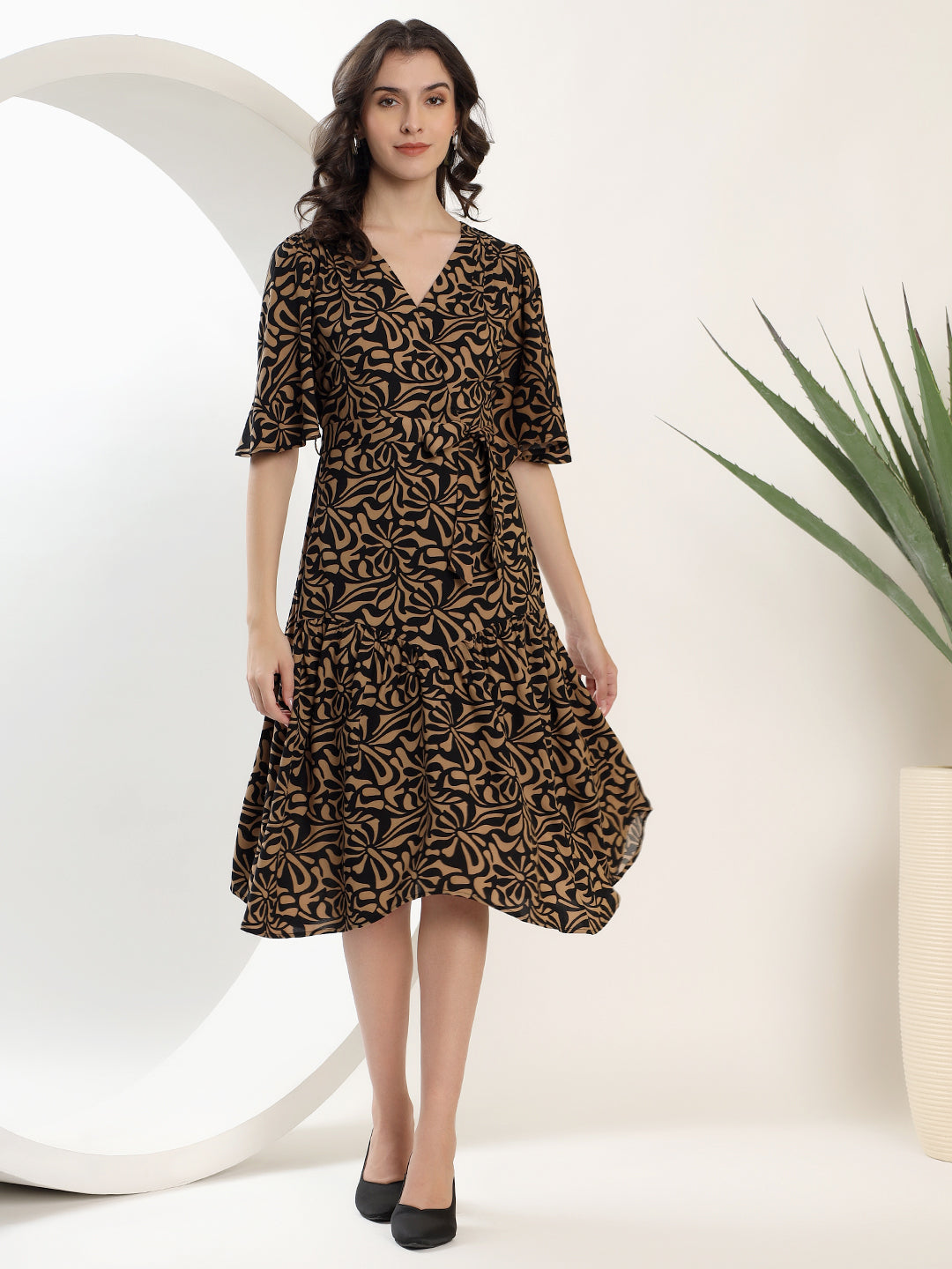Printed Black and Brown Midi Dress