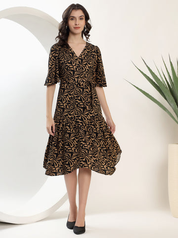 Printed Black and Brown Midi Dress