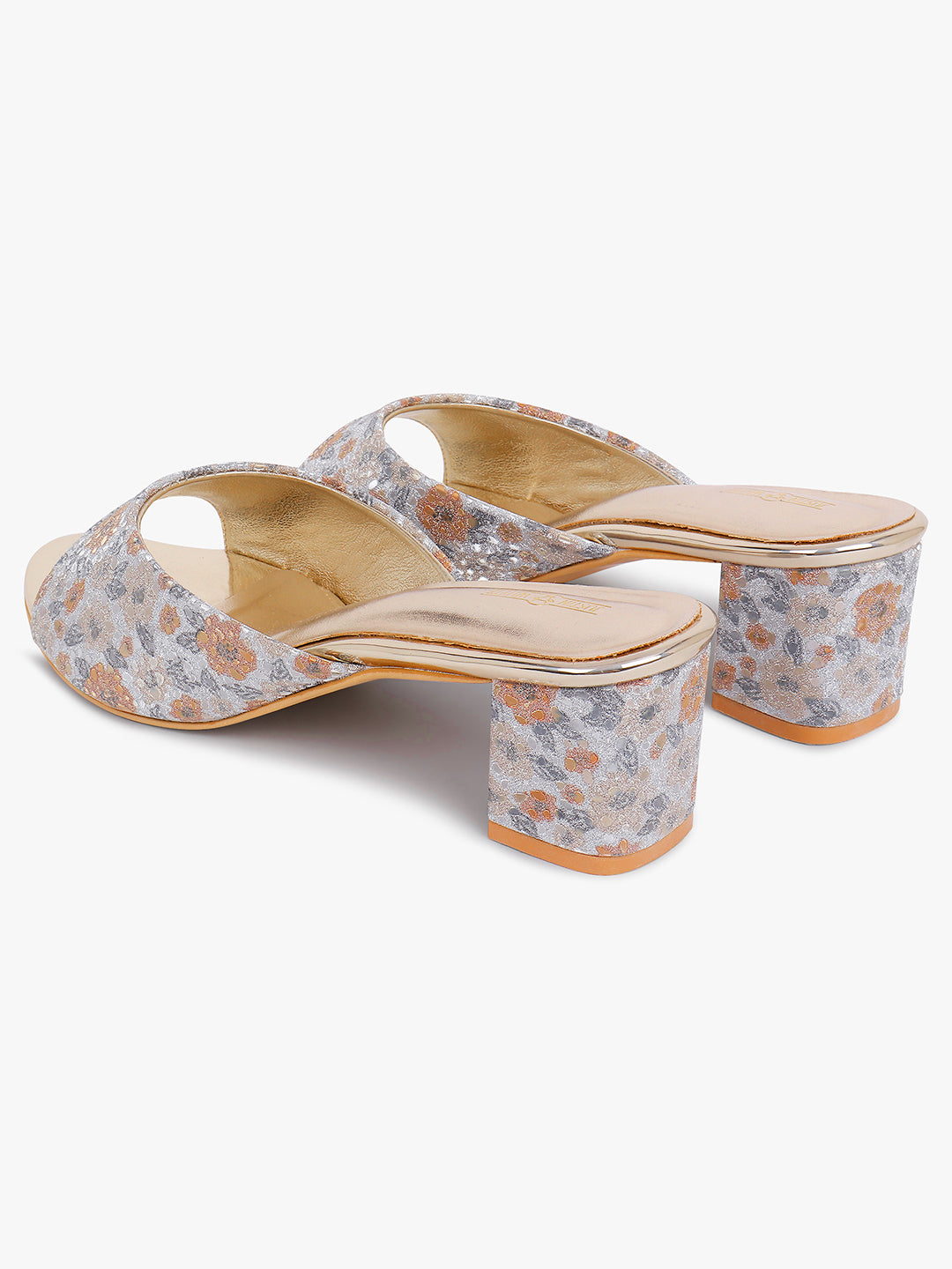 Stylish Gold Floral Block Heel Sandals