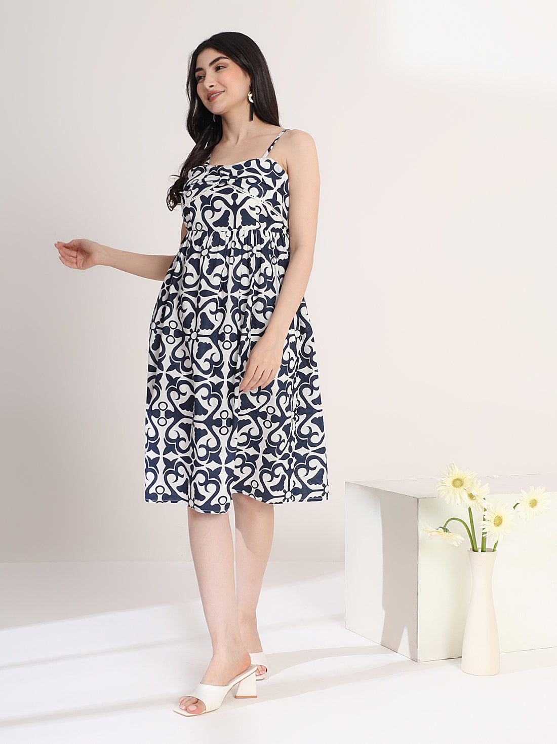 Stylish Blue and White Printed Flared Dress