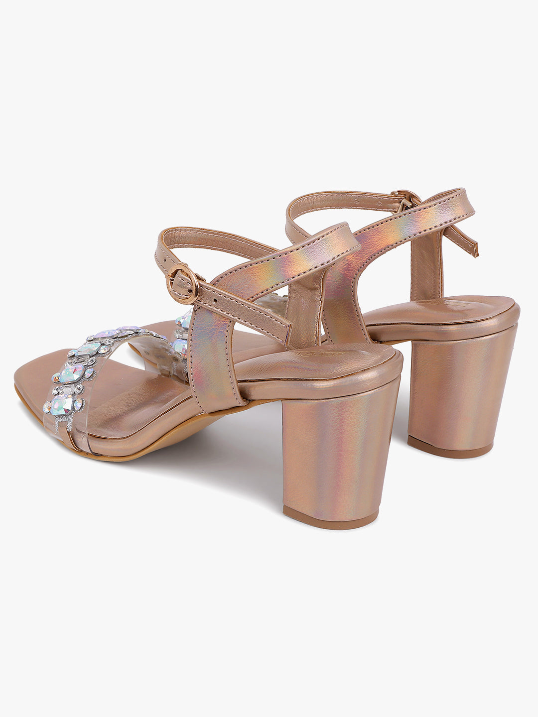 Bronzed Jeweled Block Heel Sandals