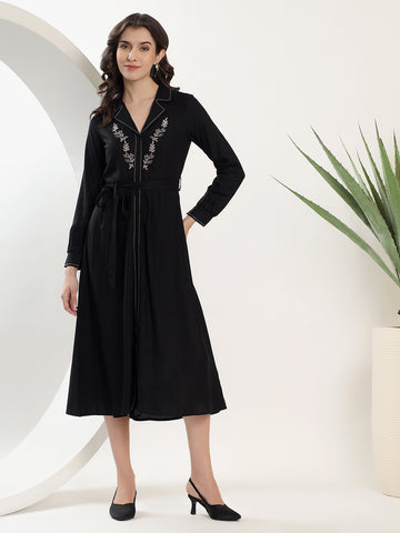 Embroidered Black A-Line Dress