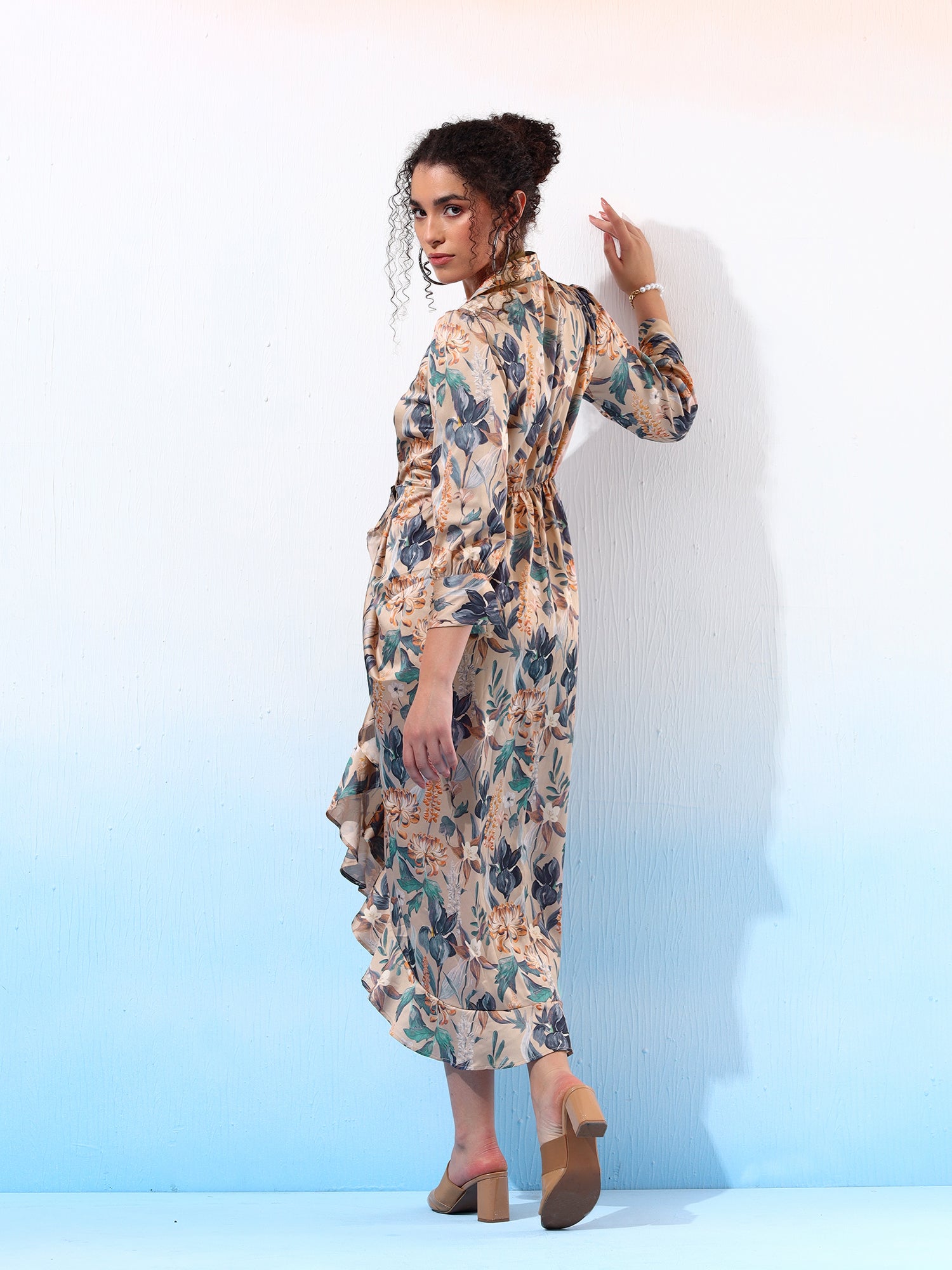 Classy Beige Printed Ruffled Dress