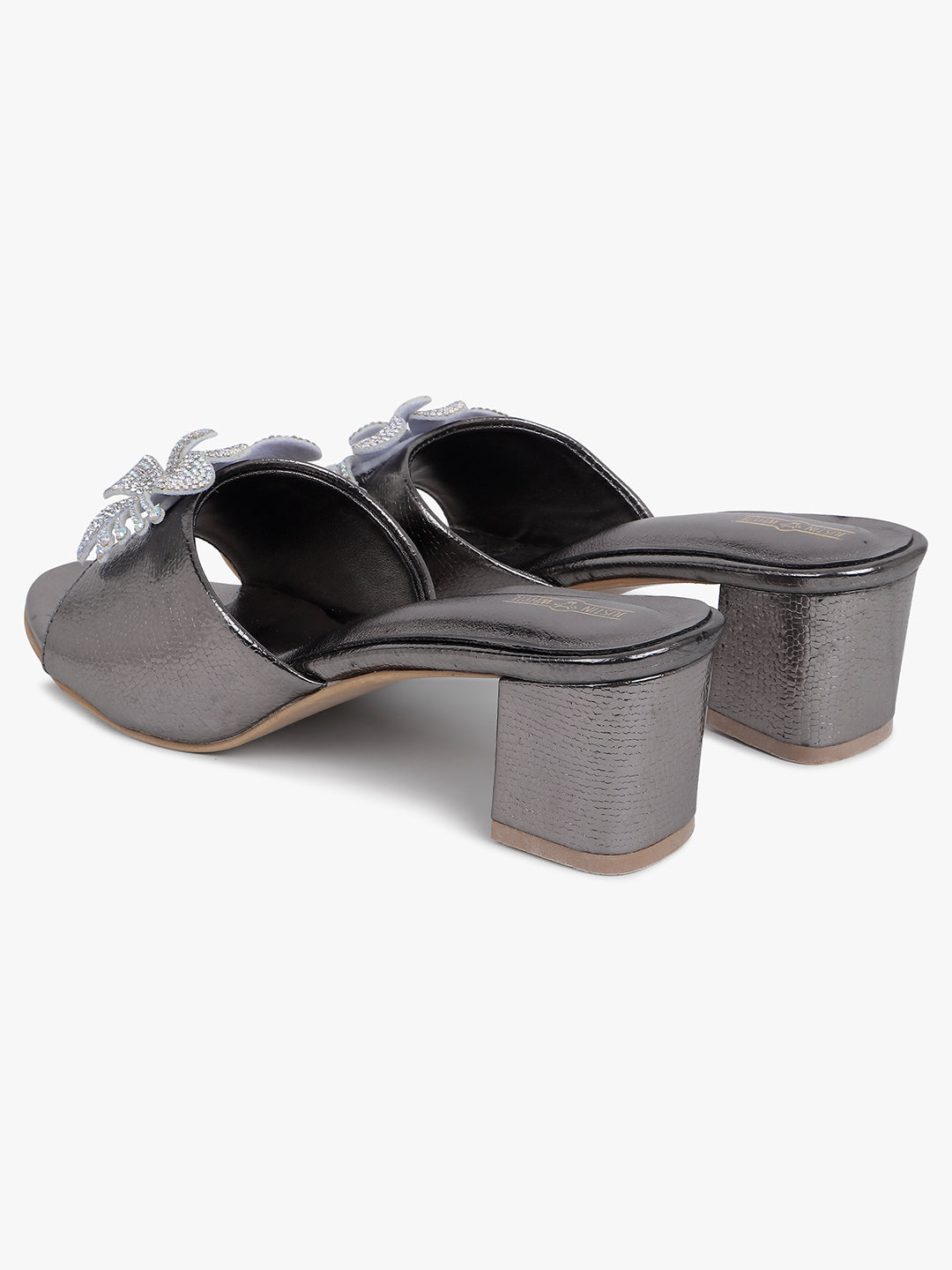 Embellished Metallic Grey Heel Sandals