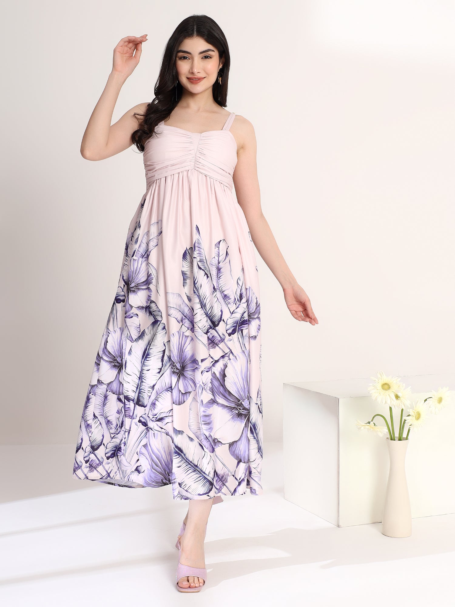 Stylish Blue and White Printed Flared Midi Dress
