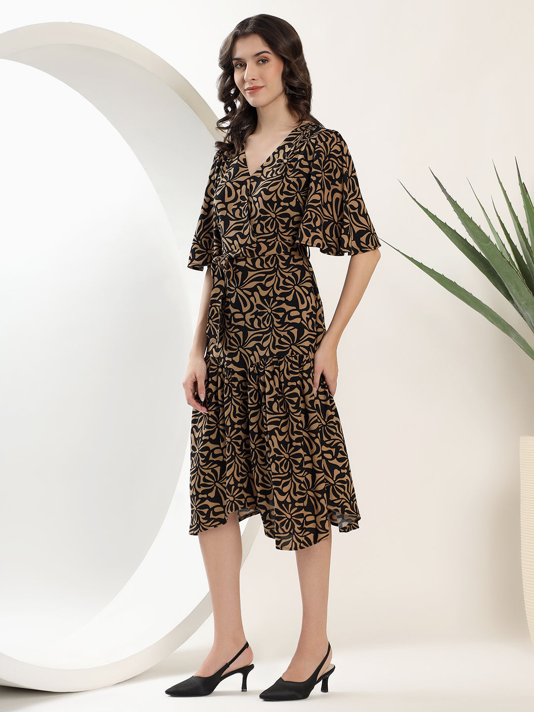 Printed Black and Brown Midi Dress
