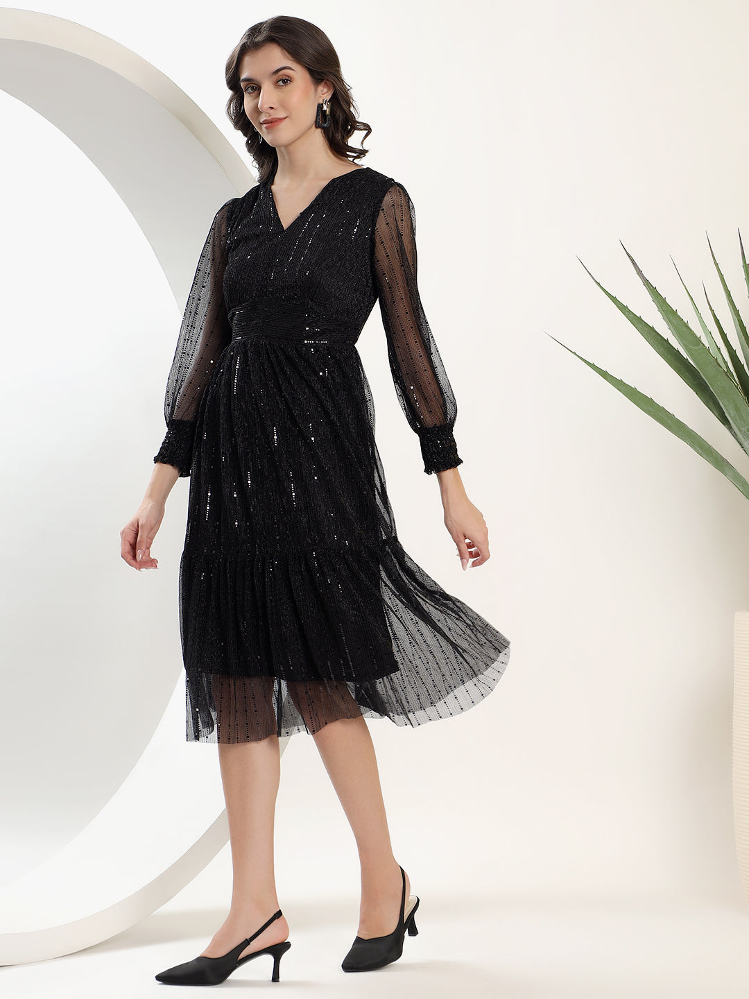 Embellished Black A-Line Dress