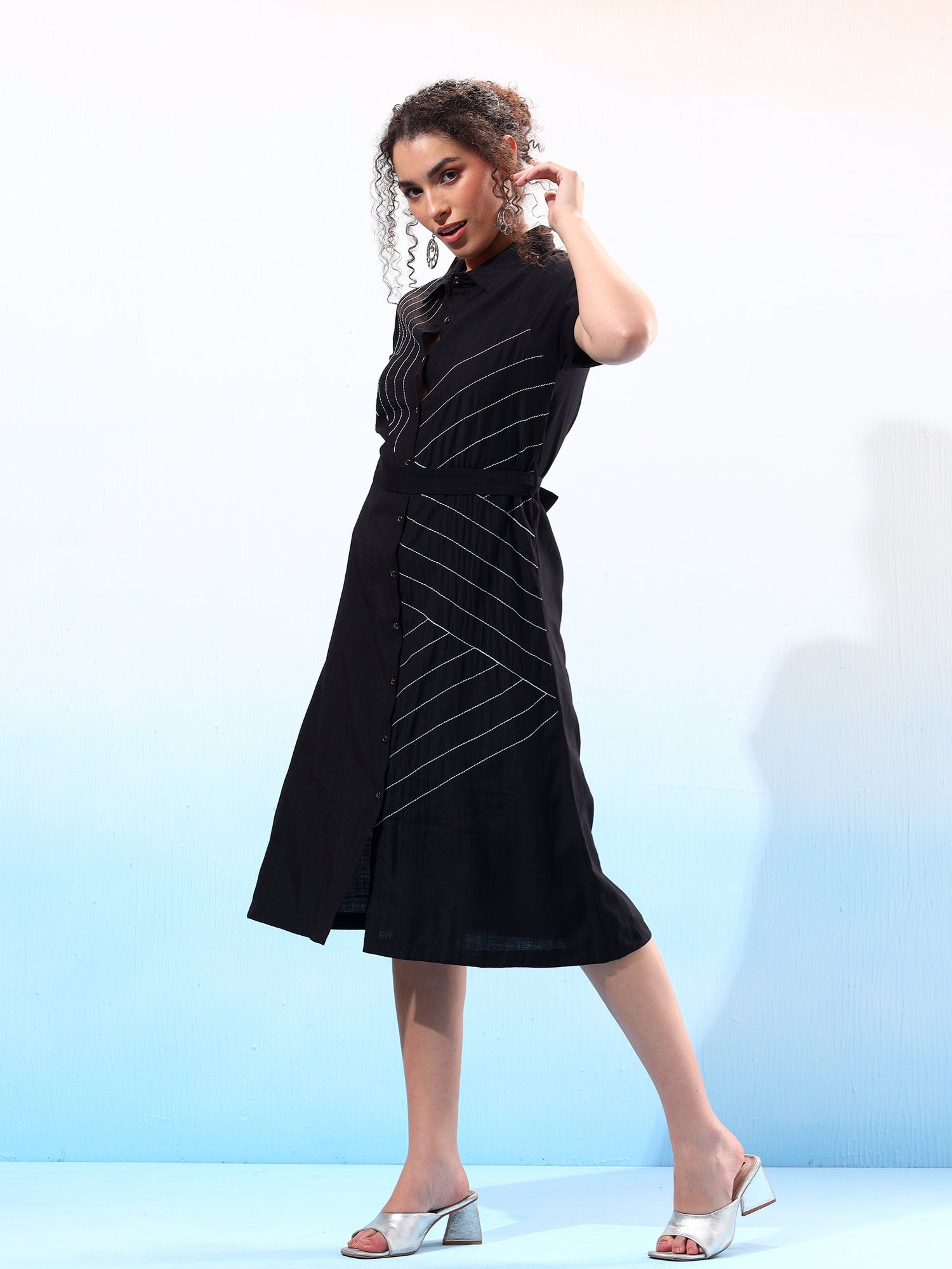 Embellished Black Flared Shirt Dress